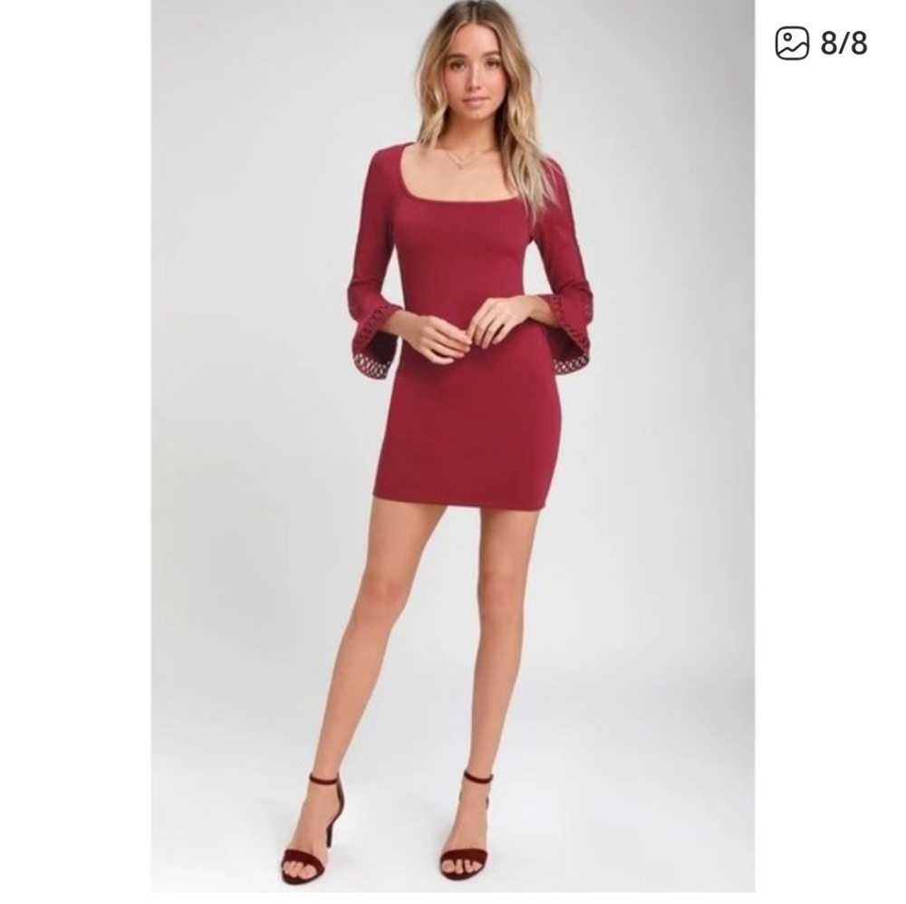 Lulu's Charismatic Burgundy Flounce Sleeve Bodycon Mini Dress XL NWT